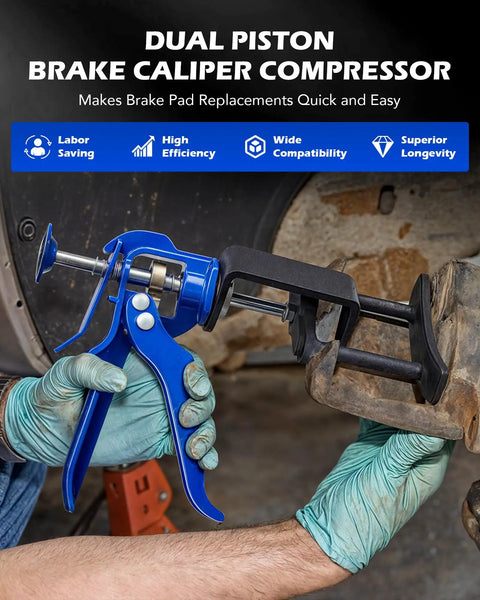 Dual Piston Brake Caliper Compressor Tool For Fast Pad Replacement Pro Grade Gear Heavy Duty Disc Brake Piston Tool For Most Cars And Trucks Easy Caliper Retraction For DIY Auto Maintenance being used to retract a brake caliper piston.