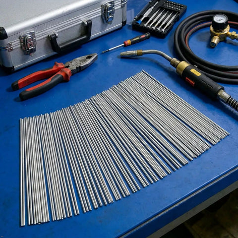50-Piece Aluminum Brazing Rods 3/32 In By 13 In No Flux Low Temp 716-752 F For Aluminum Repair with tools on blue table