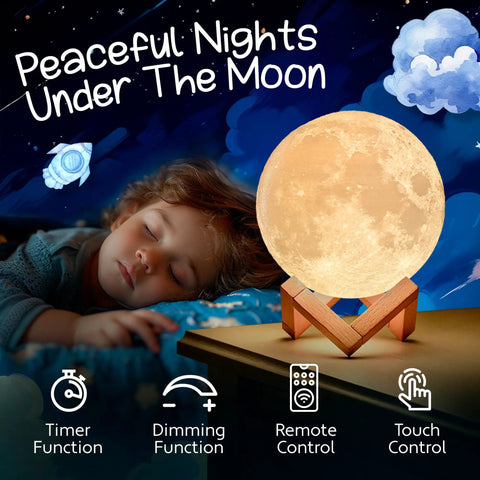 Moon Night Light For Kids Room With Colorful LED Glow, 3D Moon Lamp That Shifts Colors, sleeping child, timer dimming remote control icons