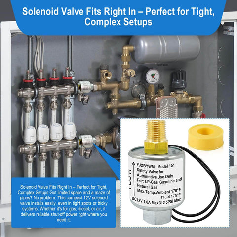12 Volt Propane Solenoid Valve With One Quarter Inch NPT Inlet And Outlet, Lock Off Valve for LPG, tight space setup