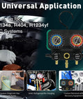 All In One Three Way AC Manifold Gauge Set With R1234yf R134a R404a Compatibility Quick Couplers R134a To R1234yf Adapters Three Can Taps Hoses Fahrenheit Display Pro Grade Auto And Home AC Service Kit, 3-way gauge