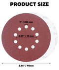 40 Piece Assorted 9 Inch Hook And Loop Sanding Discs With Ten Holes featuring size and grit specifications on a sanding disc.