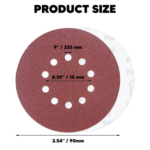 40 Piece Assorted 9 Inch Hook And Loop Sanding Discs With Ten Holes featuring size and grit specifications on a sanding disc.
