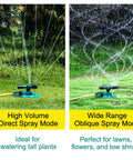 Large Round Base Automatic Rotation Sprinkler For Lawn And Garden With Adjustable Spray Pattern And 3000 Sq Ft Coverage, modes shown