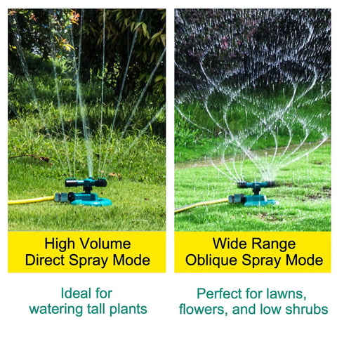 Large Round Base Automatic Rotation Sprinkler For Lawn And Garden With Adjustable Spray Pattern And 3000 Sq Ft Coverage, modes shown