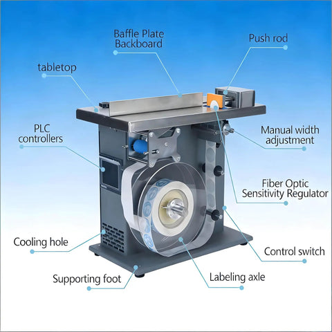 High Precision 90 Degree Corner Labeler With Plc Control And Plus Or Minus 0 5mm Accuracy Speeds Of 15 To 30 Labels Per Minute showing components like PLC controller and labeling axle.