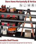 Beefed Up 4 Tier Storage Shelving Black Industrial Grade Rack Cracks Under Up To 6000 Lbs Pressure storing tools and equipment visibly organized.