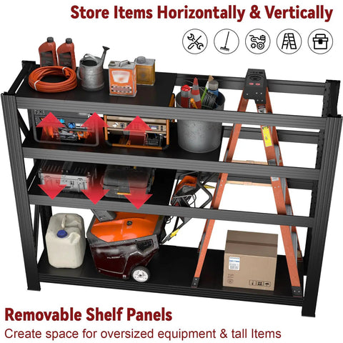 Beefed Up 4 Tier Storage Shelving Black Industrial Grade Rack Cracks Under Up To 6000 Lbs Pressure storing tools and equipment visibly organized.