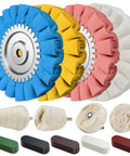 8 Inch S Shape Airway Buffing Wheel Kit For Metal Polishing With 16 Layer Aluminum Buffing Wheels, 5/8 Inch Arbor, Beast Mode Includes 5 Compounds And 4 Detail Wheels For Semi Truck Wheels, Fuel Tanks, Bumpers, Steps And Diamond Plate Finishing, showcasing colorful buffing wheels and compounds