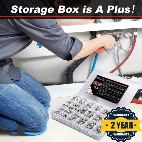 Plumber using 600 Piece 22 Size Single Ear Crimp Hose Clamp Kit For Auto Projects And Home DIY, organized in storage box.