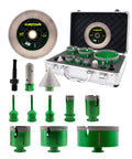 All In One Tile Hole Saw Kit 13 Pcs Diamond Core Drill Bits Set 6mm 6mm 8mm 20mm 25mm 35mm 50mm 65mm 100mm With Finger Bit Four And A Half Inch Cutting And Grinding Disc SDS Adapter For Tile Porcelain Ceramic Marble