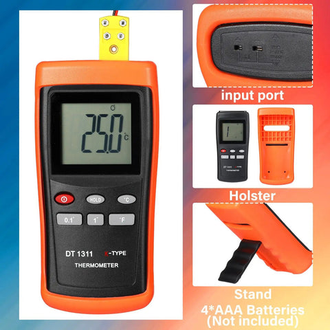 Front view of Kiln Temperature Thermometer With K Type Thermocouple And Ceramic Insulator Sensor, digital screen showing 25°C.