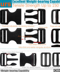 Comparison of black plastic side release buckles and tri-glide sliders in Heavy Duty 1 Inch Nylon Webbing Strap Kit with 6 Yards, 6 Pack