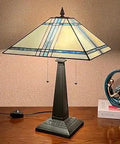Tiffany Style 2 Light Table Lamp With Antique Stained Glass Shade Dimmable Bedside Desk Lamp 16x24 Inch on wooden table