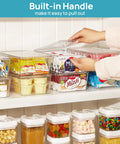 Top Shelf Eight Piece Clear Stackable Storage Bins With Slick Snap Lids, clear bins with snacks and built-in handle for easy access.