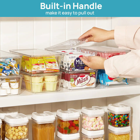 Top Shelf Eight Piece Clear Stackable Storage Bins With Slick Snap Lids, clear bins with snacks and built-in handle for easy access.