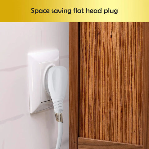 30 Ft Heavy Duty Three Prong Extension Cord With Three Outlets And Flat Head Plug in wall socket, white, home use