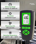 Pro Grade Paint Thickness Gauge For Auto Detailing And Inspections, 0-2000µm Range With 0.001 Mil Resolution, Fe/NFe Auto Detection, USB Data Export, Real World Coating Check For Repaints And Car Coating Condition. handheld black green gauge display showing 0-2000 µm range