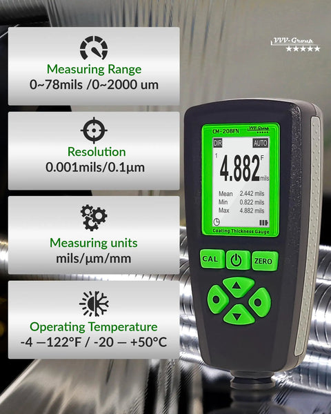 Pro Grade Paint Thickness Gauge For Auto Detailing And Inspections, 0-2000µm Range With 0.001 Mil Resolution, Fe/NFe Auto Detection, USB Data Export, Real World Coating Check For Repaints And Car Coating Condition. handheld black green gauge display showing 0-2000 µm range