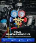 Three Way AC Diagnostic Manifold Gauge Set For Freon Charging With 3Ft Hoses Fits R134A R12 R22 And R502 Refrigerants in car engine