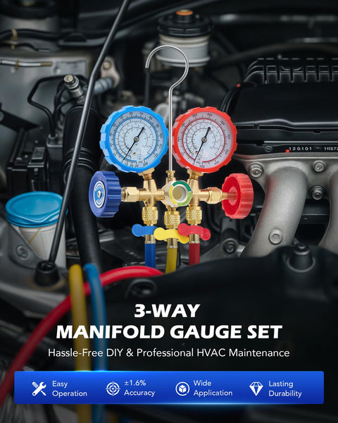 Three Way AC Diagnostic Manifold Gauge Set For Freon Charging With 3Ft Hoses Fits R134A R12 R22 And R502 Refrigerants in car engine