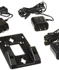 Sleek Black DECT 6.0 Cordless Phone Bundle With Three Handsets And Smart Digital Answering Machine accessories including chargers and mounting base.