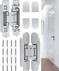 Heavy Duty Hidden Door Hinges 2 Pack, 6 Inch Concealed Hinge With 3 Way Adjustable Build, displayed with screws and covers.