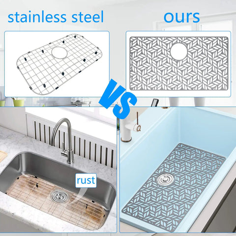 Comparison of stainless steel sink protector and Silicone Sink Protector Mat For Kitchen Sink 28.25 X 15.25 Inches in use.