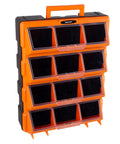 Hella Spacious Plastic Storage Drawers Heavy Duty Small Parts Organizer For Garage Workshop 12 Drawer Bins Sorter For Screws Nuts Bolts Crafting And Toy Blocks Black, orange and black organizer with 12 compartments.
