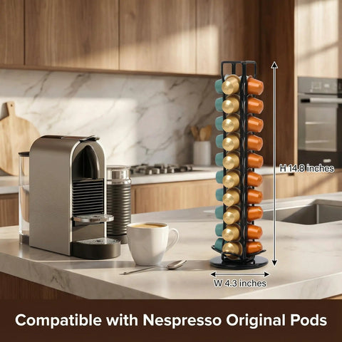 Rotating Nespresso OriginalLine Pod Holder Carousel For Countertop, 40 Pod Capacity, in kitchen with coffee maker.