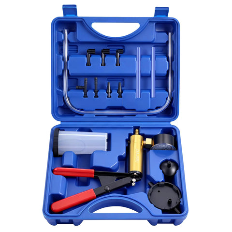 Handheld Brake Bleeder Kit With Vacuum Pump And Pressure Gauge For Cars Motorcycles ATVs Includes Hoses Adapters Reservoir All In One Brake Fluid Bleeding Tool Set For Easy One Person Automotive Vacuum Diagnostics, blue case open