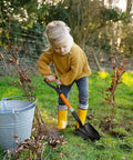 Child using 28 Inch Round Shovel With D Handle For Garden Beach Camp Use Fiberglass Handle Workhorse Tool For Transplanting.