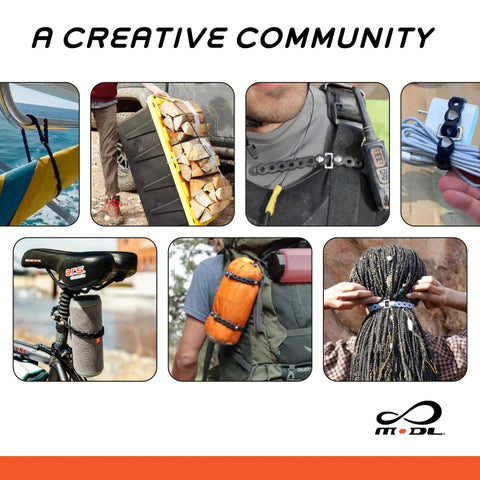 Infinity Tool 2.0 Modular Straps Four Pack Flexible Multi Tool shown in various outdoor uses and wearable configurations.