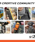 Collage showing usage of Infinity Tool Two Point Zero Modular Straps Four Pack Flexible Multi Tool Gear Strap in Neon Orange.