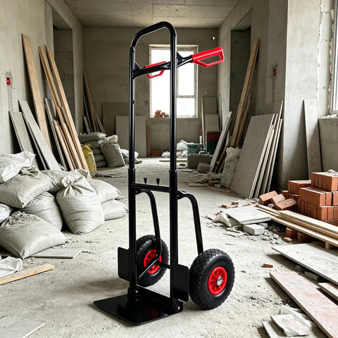 Beast Mode Heavy Duty Foldable Platform Trolley With Double Handles And 10 Inch Rubber Wheels, 330 Lb Load Capacity, Collapsible Moving Cart For Warehouse, Garden, Grocery, Indoor And Outdoor Use, black steel frame in construction site