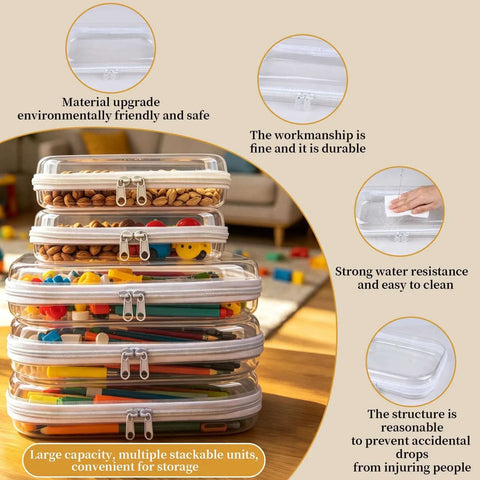 Solid 5 Pack Clear Hard Shell Zipper Cases Stackable Storage Pouches with assorted contents for arts and crafts, organized neatly.