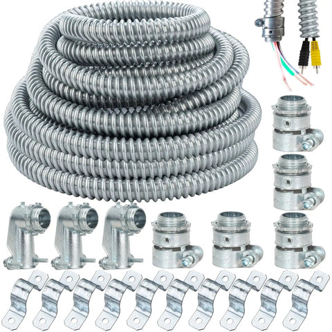 Dope Flexible Steel Electrical Conduit Kit Half Inch Diameter 100 Feet Long With 5 Couplings 3 Elbows And 10 Straps