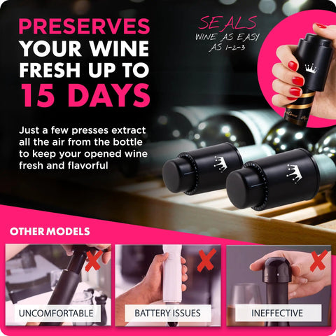 Vacuum Wine Stopper Set Pack Of 2 Keeps Wine Fresh Up To Fifteen Days With One Pump Button Leak Proof Seal In Any Position