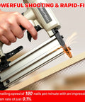 Hella Smooth Pneumatic Pin Nailer 23 Gauge, hand-held with rapid-fire feature, firing stainless pins into wood.