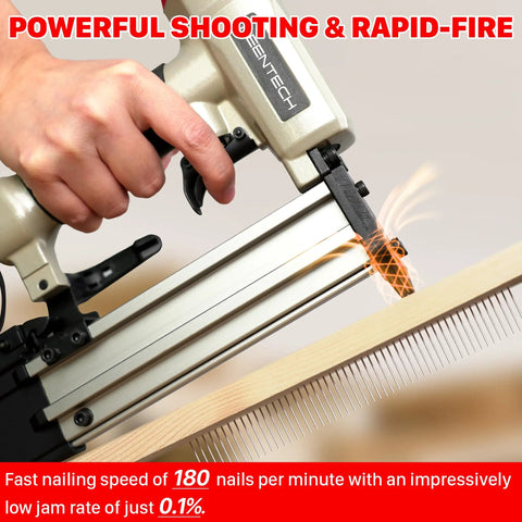 Hella Smooth Pneumatic Pin Nailer 23 Gauge, hand-held with rapid-fire feature, firing stainless pins into wood.