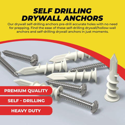 Mini N6 Plastic Self Drilling Drywall Anchors With Screws Kit 50 Pack displayed on surface with promotional text.
