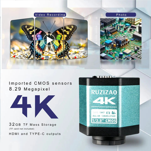 Digital Microscope With Large Stable Base Stand For Detailed Inspections, 4K Ultra HD Imaging, 150X Zoom Lens, photo of circuit board and butterfly