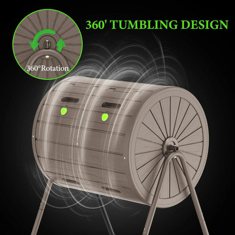 Dual Chamber 37.6 Gallon Outdoor Compost Bin With 360 Degree Rotating Drum, UV Resistant Weatherproof Tumbler in gray