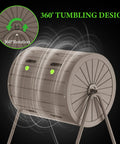 Outdoor Compost Tumbler Bin 38 Gallon Dual Chamber With Easy Turn Lockable Inlet Rotating Bin shown with 360-degree design