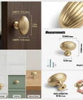 Oval Fluted Zinc Alloy Cabinet Knobs In Champagne Bronze, Vintage Dresser Handles For Kitchen And Bathroom Cabinets, Durable Drawer Pulls Set Of 6 Great For Upgrading Kitchen Cabinets, Bathrooms, Vanities, And Dressers With A Retro Vibe shown from various angles and installed on wood and painted surfaces with measurements