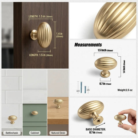 Oval Fluted Zinc Alloy Cabinet Knobs In Champagne Bronze, Vintage Dresser Handles For Kitchen And Bathroom Cabinets, Durable Drawer Pulls Set Of 6 Great For Upgrading Kitchen Cabinets, Bathrooms, Vanities, And Dressers With A Retro Vibe shown from various angles and installed on wood and painted surfaces with measurements