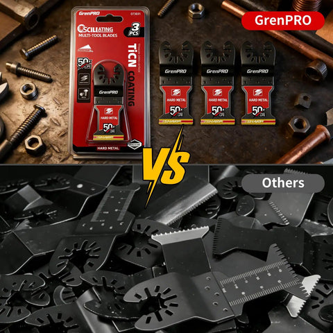 Game Changing TiCN Carbide Oscillating Saw Blades 3 Pack for Kicking Through Solid Metal and Popping Off Old Nails displayed with competitors.