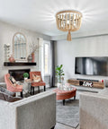 Living room with Wood Beaded Chandelier Boho Farmhouse Semi Flush Mount Ceiling Light Fixture With 3 Light E12 Base