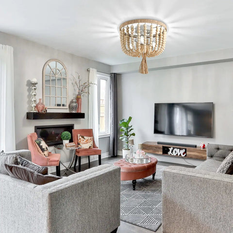 Living room with Wood Beaded Chandelier Boho Farmhouse Semi Flush Mount Ceiling Light Fixture With 3 Light E12 Base