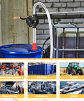 Built Like A Tank Heavy Duty Manual Drum Pump For Quick Slip Free Transfer Of Motor Oil Heating Fluid And Transmission Fluid Fits 15 To 55 Gallon Barrels on a blue oil drum.